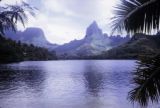 French Polynesia, view of mountains of Moorea from bay