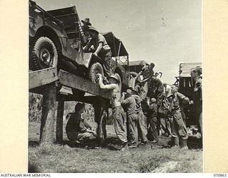 WAU, NEW GUINEA, 1944-02-20. DRIVERS OF THE 2/34TH GENERAL TRANSPORT COMPANY MAINTAINING VEHICLES UNDER SUPERVISION OF QX945 LIEUTENANT L.G. MATHAMS (8), A PLATOON COMMANDER. FREQUENT MAINTENANCE ..