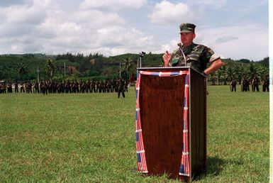 Brig. GEN. D.T. Bile, commanding general, 3rd Marine Division, also the last Commanding Officer of the "Striking 9th", addresses the guest during the 50th Anniversary Ceremony for the Liberation of Guam (WWII)