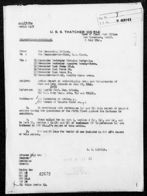 USS THATCHER - Report of Anti-Shipping Sweep and Bombardments of Guam and Rota Islands, Marianas on 6/27/44