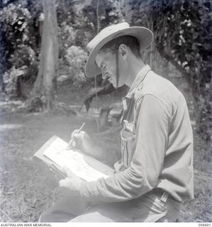 FINSCHHAFEN AREA, NEW GUINEA. 1943-10-27. VX32727 SAPPER T. G. BLACK OF THE 2/3RD AUSTRALIAN FIELD COMPANY, ROYAL AUSTRALIAN ENGINEERS MAKING A SKETCH OF NX396 BRIGADIER W. J. WINDEYER DSO AT ..