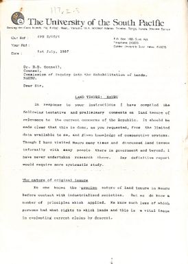 Letter to H. B. Counsell, Commission of Enquiry into the Rehabilitation of Lands, Nauru