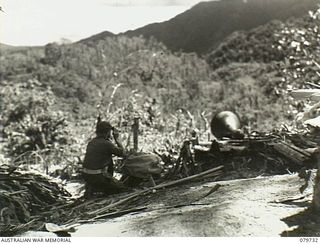 Pearl Ridge, Bougainville. 1945-03-07. WX41280 Lieutenant R.W. Heanly from the Far Eastern Liaison Office (FELO) looking through binoculars at Smith's Hill from No. 1 speaker position. Note the ..