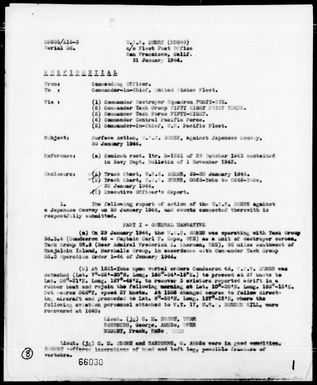 USS BURNS - Rep of Surface Act Against Japanese Convoy, 1/30/44, Marshall Islands