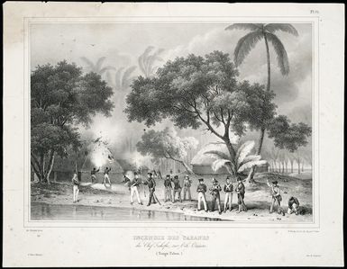 Sainson, Louis Auguste de, b 1800 :Incendie des cabanes du chef Tahofa, sur l'ile Oneata (Tonga-Tabou). Pl[ate] 91. De Sainson pinx; H Vander Burch lith; fig. par V Adam. J Tastu editeur; lith de Lemercier [1833?]