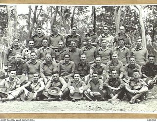 WONDECLA, QLD. 1943-10-06. "K" SECTION, BRIGADE SIGNALS, 17TH AUSTRALIAN INFANTRY BRIGADE GROUP, WHO HAVE JUST RETURNED TO THE MAINLAND AFTER SERVICE IN NEW GUINEA. LEFT TO RIGHT:- FRONT ROW. ..