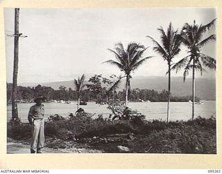 KALUMALAGI RIVER, JACQUINOT BAY, NEW BRITAIN, 1945-08-12. THE ROYAL NEW ZEALAND AIR FORCE FLYING-BOAT BASE DURING ITS CONSTRUCTION