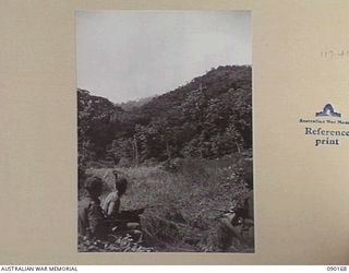 DAGUA, NEW GUINEA. 1945-03-30. D COMPANY, 2/2 INFANTRY BATTALION PERSONNEL WATCHING AN ARTILLERY SHOOT ON JAPANESE POSITIONS IN THE TORRICELLI MOUNTAINS. RAAF BEAUFORTS CAN BE SEEN OVER THE TARGET. ..