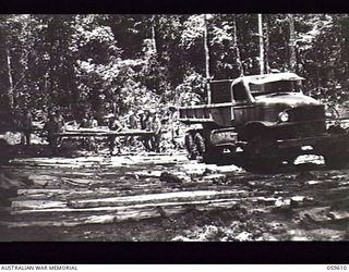 DREGER HARBOUR, NEW GUINEA. 1943-11-02. TROOPS OF "C" COMPANY, 808TH UNITED STATES ENGINEER AVIATION BATTALION UNLOADING LOGS AND LAYING A CORDUROY ROAD FROM THE NEW AIRSTRIP TO THE COAST