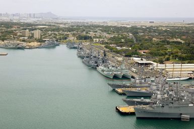 An aerial view showing multi-national ships moored side-by-side at Naval Base (NB) Pearl Harbor, Hawaii (HI), while participating the Rim of the Pacific (RIMPAC) 2006 Exercise, the world's largest biennial maritime exercise. RIMPAC 2006 brings together military forces from Australia, Canada, Chile, Peru, Japan, the Republic of Korea, the United Kingdom and the US