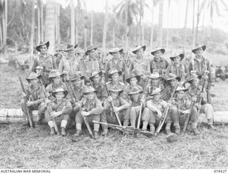 MADANG, NEW GUINEA. 1944-07-08. PERSONNEL OF NO.13 PLATOON, C COMPANY, 24TH INFANTRY BATTALION. IDENTIFIED PERSONNEL ARE:- PRIVATE A.A. DESMET (1); PRIVATE V.N. GOODALL (2); PRIVATE R. AMERY (3); ..