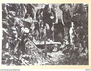 JABA RIVER AREA, BOUGAINVILLE, SOLOMON ISLANDS. 1944-12-18. SUPPORT TROOPS FROM D COMPANY, 15 INFANTRY BATTALION MOVING FROM A BARGE AT THE SOUTH BANK OF THE RIVER TO CONSOLIDATE POSITIONS