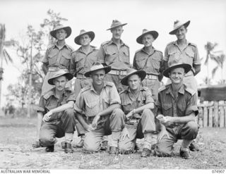 SOUTH ALEXISHAFEN, NEW GUINEA. 1944-07-24. OFFICERS OF NO. 27 BATTERY, 2/14TH FIELD REGIMENT. IDENTIFIED PERSONNEL ARE:- TX3871 LIEUTENANT R.C. CLEMONS (1); VX34938 LIEUTENANT H.G. OGILVIE (2); ..
