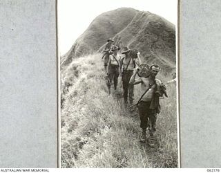 FINISTERRE RANGES, NEW GUINEA. 1943-12-10. SIGNALMEN OF THE 2/31ST AUSTRALIAN INFANTRY BATTALION, 25TH AUSTRALIAN INFANTRY BRIGADE LAYING A LINE TO A FORWARD OBSERVATION POST ON THE "SUGARLOAF" ..