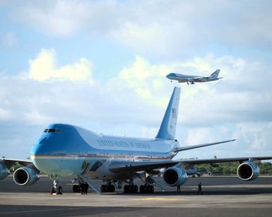 Air Force One lands at Hickam Air Force Base (AFB) with US President George W. Bush on board for his first visit to Hawaii while holding office