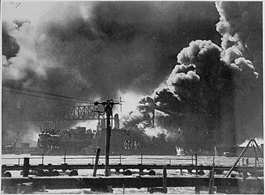 Naval photograph documenting the Japanese attack on Pearl Harbor, Hawaii which initiated US participation in World War II. Navy's caption: The destroyer USS SHAW after her magazine exploded during the Japanese attack on Pearl Harbor on Dec. 7,1941.