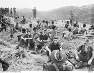 1943-09-14. NEW GUINEA. KOMIATUM RIDGE. A.I.F. AND NATIVE CARRIERS RESTING ON THE SUMMIT OF KOMISTUM RIDGE FROM WHICH THEY HAD DRIVEN THE JAPANESE. IN THE DISTANCE IS SALAMAUA WHICH THE ALLIED ..