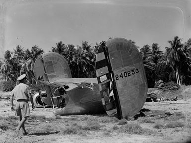 [Tail section of plane lying on ground in Pacific Island setting]