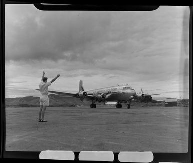 British Commonwealth Pacific Airlines DC6 aircraft arriving at Nadi airport, Fiji