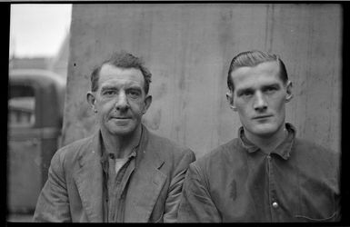 Two men at premises of Coutts Bros and Hare Ltd, Willis St, Wellington