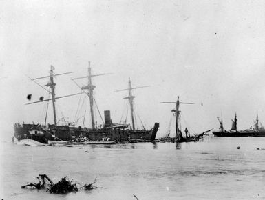 Naval sailing ships wrecked in Apia Harbour, Samoa, after the 1889 cyclone