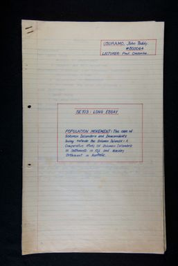 Population movement: The case of Solomon Islanders and Descendents living outside the Solomon Islands: A comparative study of Solomon Islanders in settlements in Fiji and Mackay settlement in Australia by John Teddy