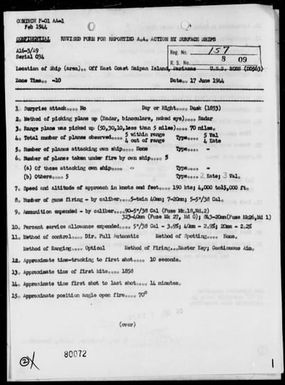 USS ROSS - AA Act Rep, 6/17/44, off East Coast of Saipan Is, Marianas