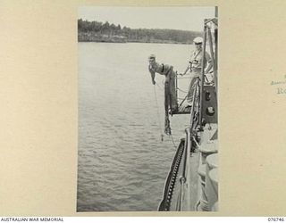 LANGEMAK BAY, NEW GUINEA. 1944-10-23. THE QUARTERMASTER "SWINGING THE LEAD" (TAKING A MANUAL DEPTH SOUNDING) ABOARD THE RAN CORVETTE, GYMPIE, AS SHE ENTERS THE BAY