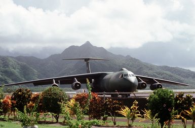 A C-141B Starlifter aircraft prepares for takeoff on the ramp at Pago Pago