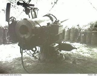 NEW BRITAIN, 1945-09. VIEW FROM THE REAR OF A HEAVY CALIBRE NAVAL GUN POSITION ON THE GAZELLE PENINSULA. (RNZAF OFFICIAL PHOTOGRAPH.)