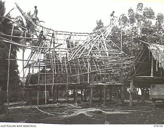 KARKAR ISLAND, NEW GUINEA. 1944-09-20. NATIVES WORKING UNDER THE DIRECTION OF THE AUSTRALIAN NEW GUINEA ADMINISTRATIVE UNIT, RE-BUILDING VILLAGE HUTS