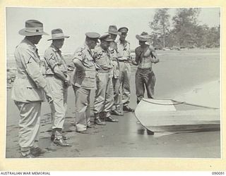 AITAPE, NEW GUINEA. 1945-03-19. GENERAL SIR THOMAS A. BLAMEY, COMMANDER-IN-CHIEF, ALLIED LAND FORCES, SOUTH WEST PACIFIC AREA (3), LIEUTENANT-GENERAL F.H. BERRYMAN, CHIEF OF STAFF (1), ..