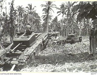 MADANG, NEW GUINEA. 1944-10. A CHURCHILL VII TANK BEING ASSISTED FROM A BOG BY A SHERMAN M4A2 MEDIUM TANK AND ANOTHER CHURCHILL VII TANK DURING TESTS CONDUCTED AT HQ 4 ARMOURED BRIGADE