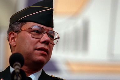 GEN Colin Powell, chairman of the Joint Chiefs of STAFF, pauses during his speech at the Sunset Ceremony for Pearl Harbor survivors at the Arizona Memorial Visitors Center. The ceremony is part of day-long observances commemorating the 50th anniversary of the Japanese attack on Pearl Harbor