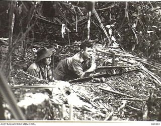 SATTELBERG AREA, NEW GUINEA. 1943-11-15. VX34944 PRIVATE P. E. ROBERT OF NORTHCOTE, VIC, (LEFT) AND VX68711 PRIVATE J. H. MURDOCH OF BALLARAT, VIC, (RIGHT) BOTH OF THE 2/24TH AUSTRALIAN INFANTRY ..