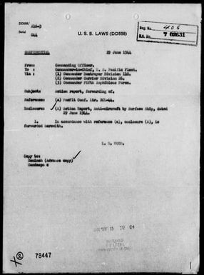 USS LAWS - AA Act Rep, 6/29/44, East of Saipan Island, Marianas