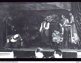 RABAUL, NEW BRITAIN, 1946-02-05. MEMBERS OF 6 ENTERTAINMENT UNIT, AUSTRALIAN ARMY AMENITIES SERVICE, PLAYING THE OPENING SCENE OF THE MUSICAL COMEDY "THE MAID OF THE MOUNTAINS"