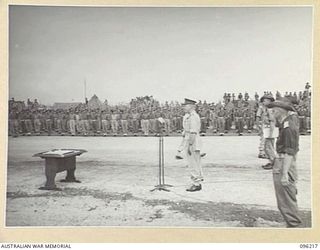 CAPE WOM, NEW GUINEA, 1945-09-13. LIEUTENANT-GENERAL ADACHI, COMMANDER 18 JAPANESE ARMY IN NEW GUINEA, FORMALLY SURRENDERED TO MAJOR-GENERAL H.C.H. ROBERTSON, GENERAL OFFICER COMMANDING 6 DIVISION, ..