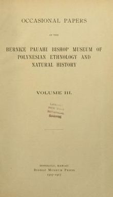 Occasional Papers of the Bernice Pauahi Bishop Museum of Polynesian Ethnology and Natural History