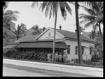 Unidentified RNZAF men outside the Hotel Rarotongan [or Rarotonga?], Rarotonga, Cook Islands
