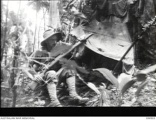 Mubo-Salamaua Area, New Guinea. 1943-07-22. VX53440 Private D.W. McComb of the 2/5th Australian Infantry Battalion, AIF, cleaning his rifle outside his makeshift lean to