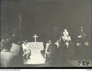 KIRIWINA, TROBRIAND ISLANDS, PAPUA. C. 1944-02. A SCENE DURING THE SUNDAY SERVICES FOR THE RAAF AT KIRIWINA, HELD IN AN OPEN-AIR CHURCH KNOWN AS THE CORAL CATHEDRAL