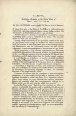 A letter containing remarks on the moral State of Tahiti, New Zealand, &c. / by R. Fitzroy and C. Darwin.