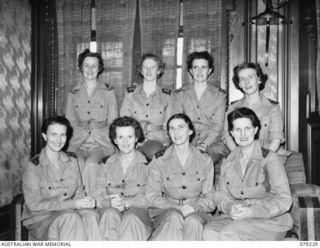 JACQUINOT BAY, NEW BRITAIN. 1945-02-24. MEMBERS OF THE ARMY NURSING SERVICE IN THE LOUNGE OF THE TROOPSHIP, THE SS "KATOOMBA" ON THEIR ARRIVAL IN NEW BRITAIN TO TAKE UP DUTIES WITH THE 105TH ..