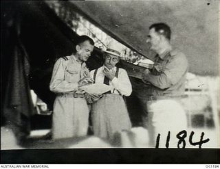 AITAPE, NORTH EAST NEW GUINEA. C. 1944-06. AT HEADQUARTERS NO. 10 GROUP RAAF, LEFT TO RIGHT: AIR COMMODORE F. R. W. SCHERGER, THE AIR OFFICER COMMANDING NO. 10 GROUP RAAF, ARTHUR DRAKEFORD, THE ..