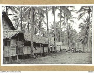 MILNE BAY, NEW GUINEA. 1943-06-26. OFFICE HUTS OF HEADQUARTERS, 5TH AUSTRALIAN DIVISION. HUTS WERE BUILT BY NATIVE LABOUR SUPPLIED BY ANGAU (AUSTRALIAN-NEW GUINEA ADMINISTRATIVE UNIT.)