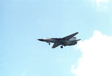 A Royal Australian Air Force F-111C aircraft comes in for a landing on the island of Oahu.