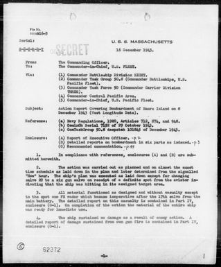 USS MASSACHUSETTS - Act Rep, Bombardment of Nauru Island, 12/8/43