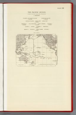 (Index to)The Pacific Ocean. Lambert Zenithal Equal-Area Projection. 1:40,000,000. Tuamotu and Society Islands 1:10,000. Marquesas Islands 1:5,000,000. Hawaiian Islands, Samoa West, Samoa East 1:2,500,000. Christmas I., 1:2,000,000. Juan Fernandez, Tahiti & Moorea 1:1,000,000. Fanning I., 1:750,000. Canton I., Easter I., Gambier Is., Rarotonga 1: 500,000. Midway I., Palmyra I., Pearl Harbor, Pitcairn I., 1:250,000.