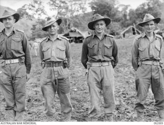 RAMU VALLEY, NEW GUINEA. 1944-01-15. OFFICERS OF THE 58/59TH INFANTRY BATTALION, 15TH INFANTRY BRIGADE. THEY ARE: VX102654 LIEUTENANT L. S. PROBY, MC., (1); QX39329 LIEUTENANT E. S. ZERNER (2); ..